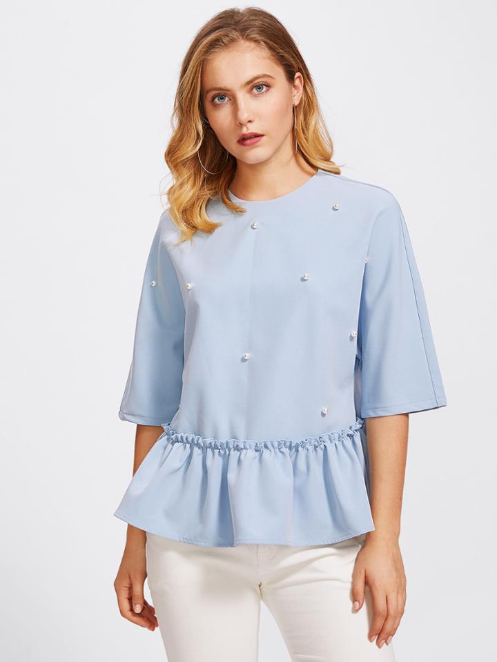 Shein Pearl Beading Ruff Hem Blouse