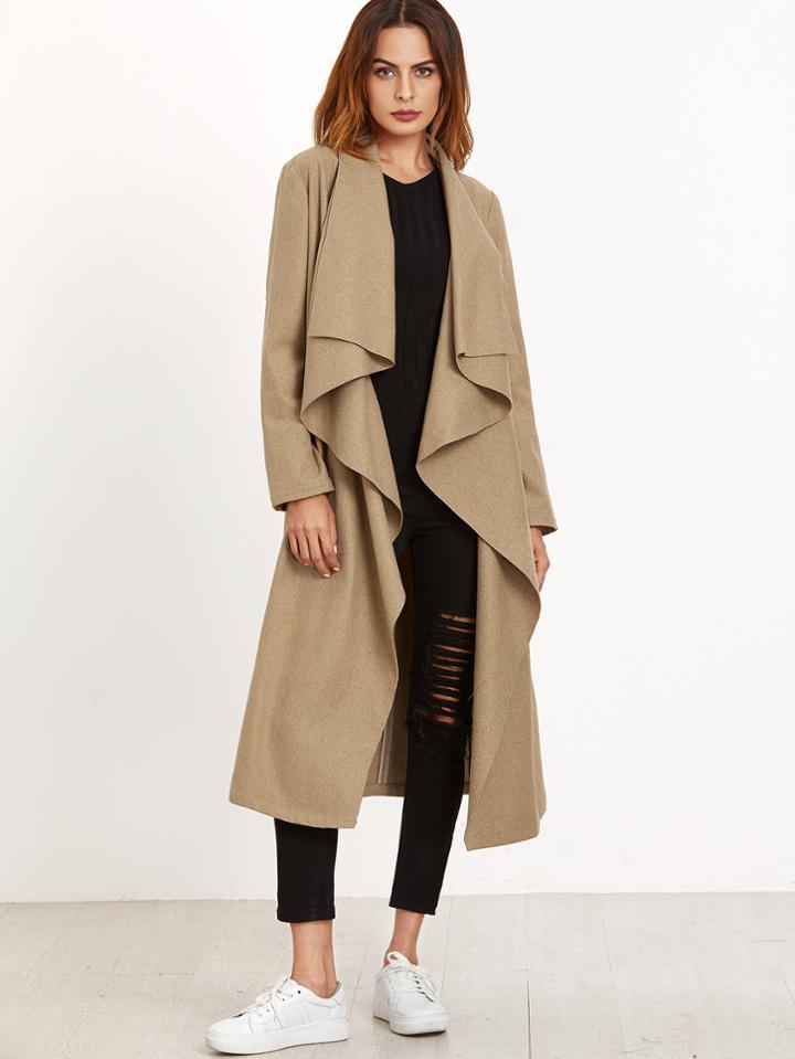 Shein Khaki Waterfall Collar Belted Coat