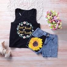 Shein Girls Letter Print Vest With Floral Print Denim Shorts