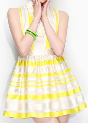 Rosewe Yellow Stripe Print Organza Sleeveless Dress