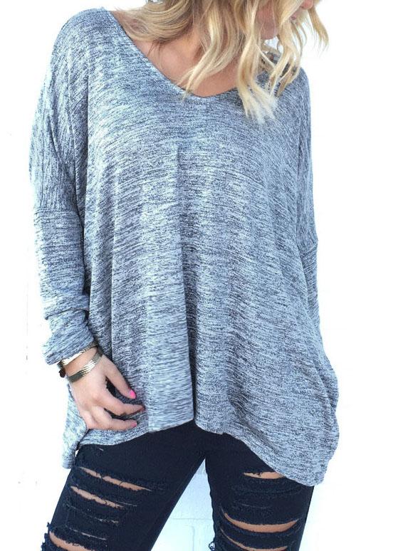 Shein Grey Long Sleeve V Back Loose T-shirt