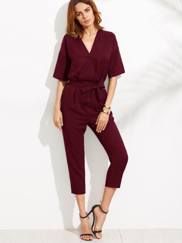 Shein V Neckline Drop Shoulder Self Tie Peg Jumpsuit