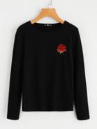 Shein Rose Embroidery Ribbed Knit Tee