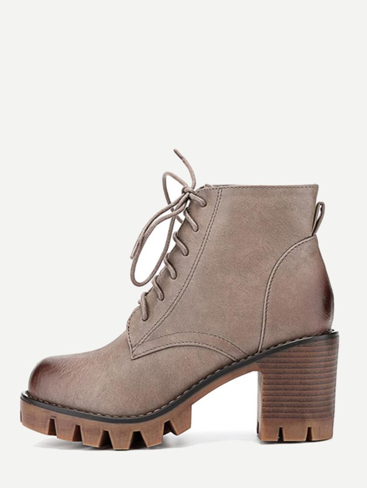Shein Khaki Pu Lace Up Cork Heels Boots