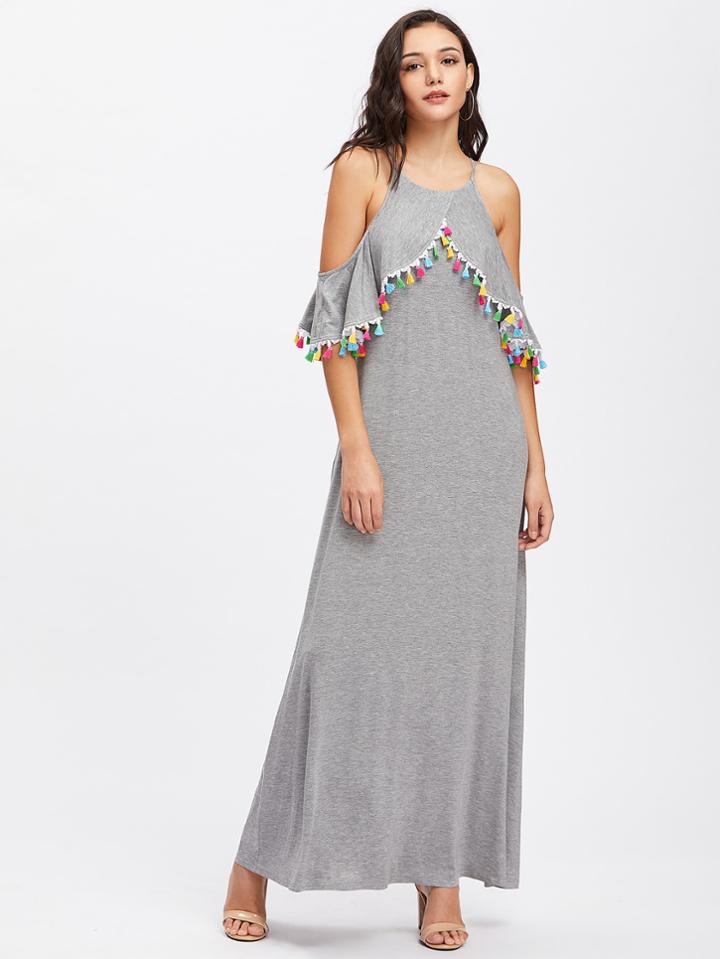Shein Tassel Trim Overlap Flounce Cold Shoulder Heathered Dress