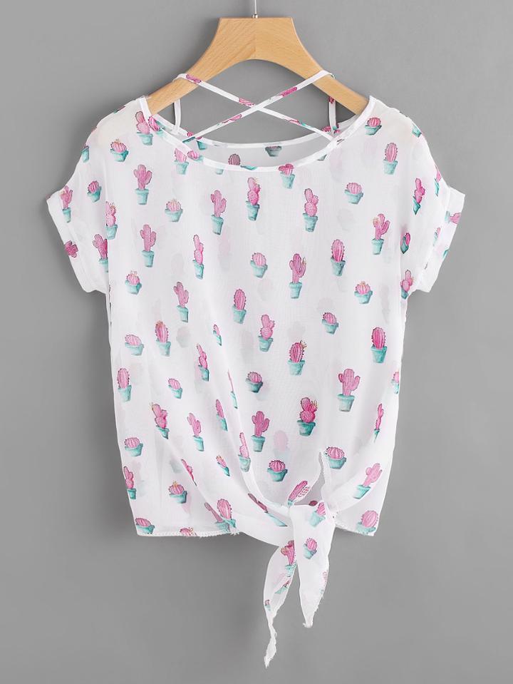 Shein Cactus Print Crisscross Back Knotted Hem Chiffon Top