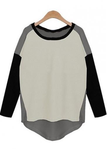 Rosewe Brief Long Sleeve Round Neck Color Block T Shirt