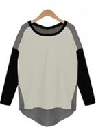 Rosewe Brief Long Sleeve Round Neck Color Block T Shirt
