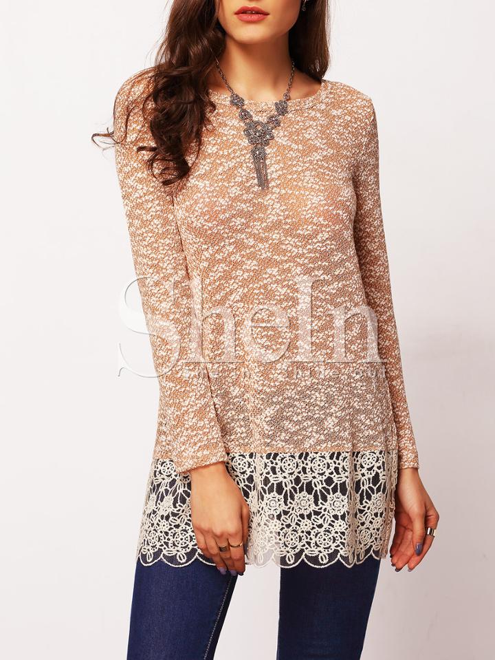 Shein Contrast Lace Hem Slub Top