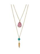Shein Pink Boho Style Double Layer Artificial Turquoise Feather Pendand Necklace