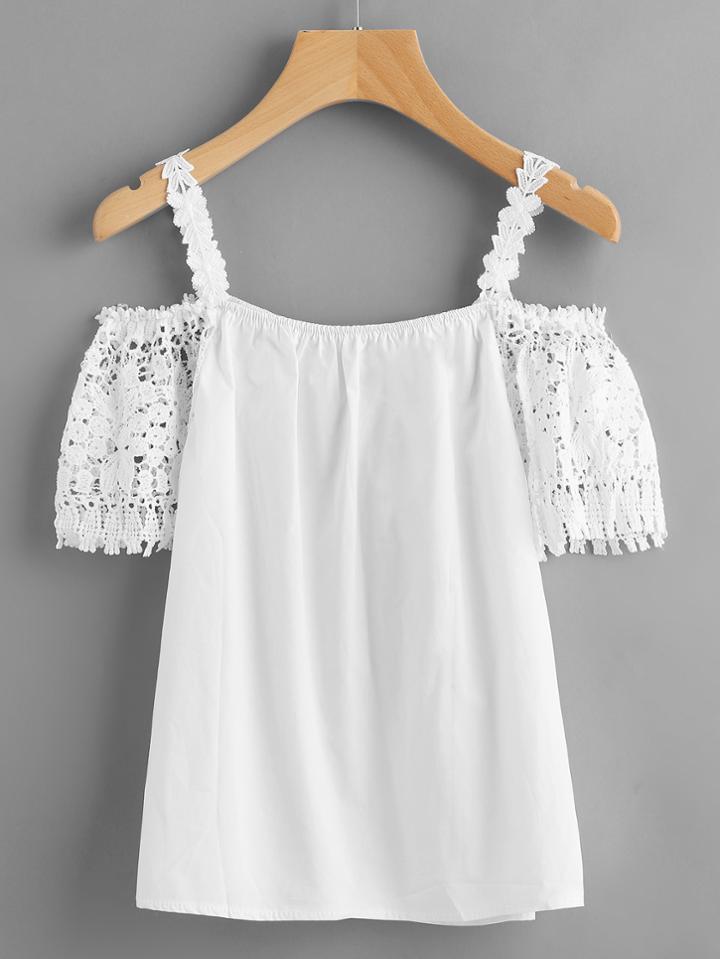 Shein Crochet Lace Insert Cold Shoulder Top