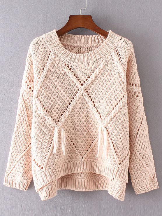 Shein Pink Diamond Pattern Tassel Dip Hem Sweater