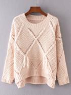 Shein Pink Diamond Pattern Tassel Dip Hem Sweater
