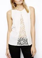 Rosewe Laconic Sleeveless Lace Splicing Solid White T Shirt