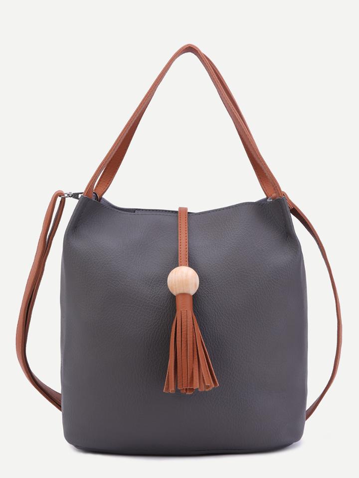 Shein Dark Grey Pu Tassel Trim Convertible Tote Bag