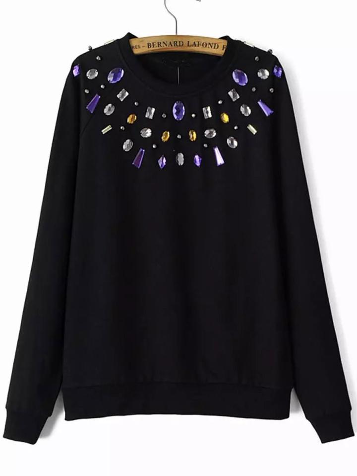 Shein Black Rhinestone Raglan Sleeve Sweatshirt