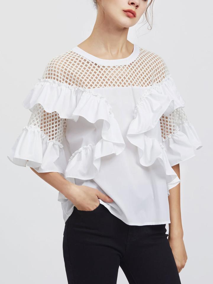 Shein Eyelet Yoke And Sleeve Flounce Trim Top