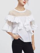 Shein Eyelet Yoke And Sleeve Flounce Trim Top