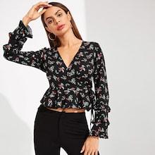 Shein Allover Print Surplice Peplum Top