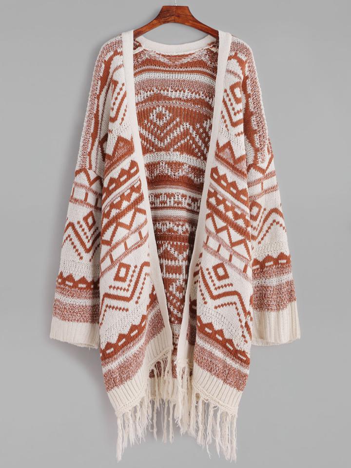 Shein Geometric Print Fringe Hem Cardigan