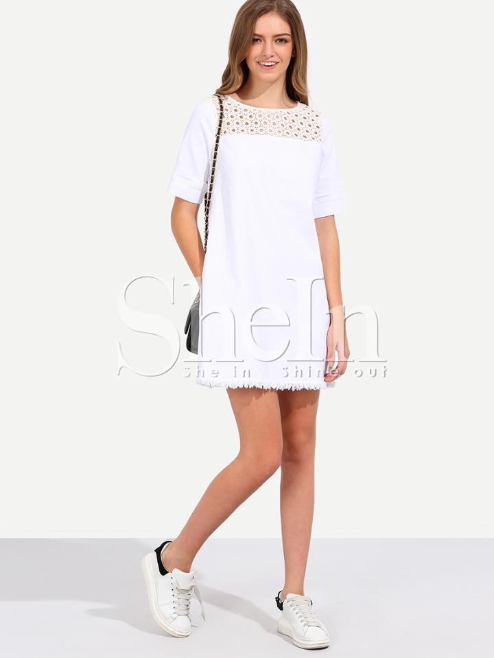 Shein White Short Sleeve Hollow Zip Back Dress