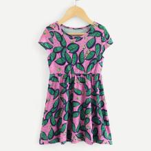 Shein Girls Round Neck Leaf Print Dress