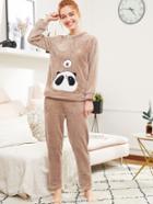 Shein Panda Embroidered Plush Pullover & Pants Pj Set