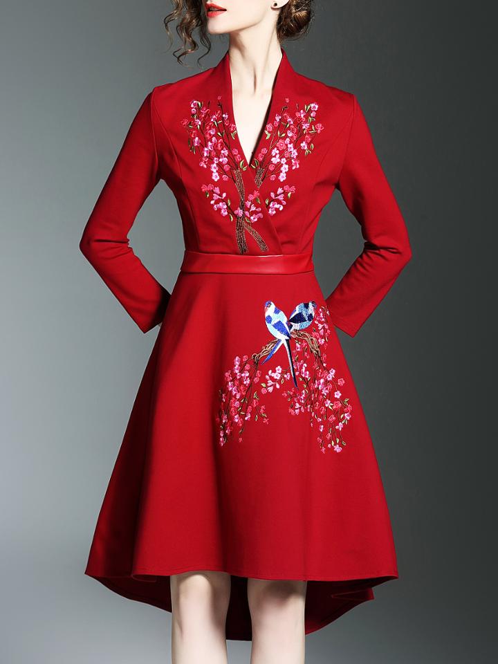 Shein Red V Neck Flowers Embroidered High Low Dress