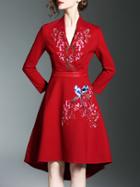 Shein Red V Neck Flowers Embroidered High Low Dress