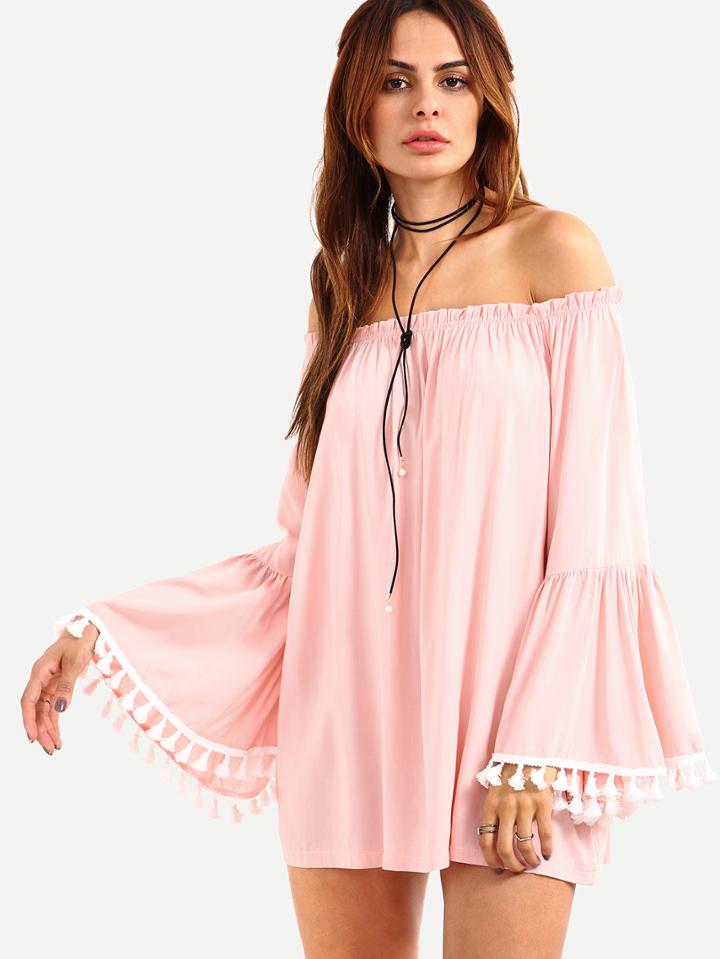 Shein Off-the-shoulder Tassel Trimmed Bell Sleeve Blouse - Pink