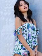 Shein Black Flower Print Off The Shoulder Tie Sleeve Top With Shorts