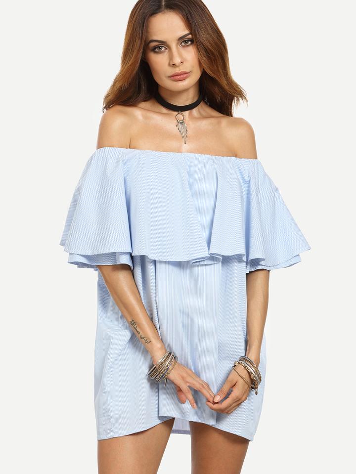 Shein Blue Micro-striped Ruffle Off The Shoulder Dress