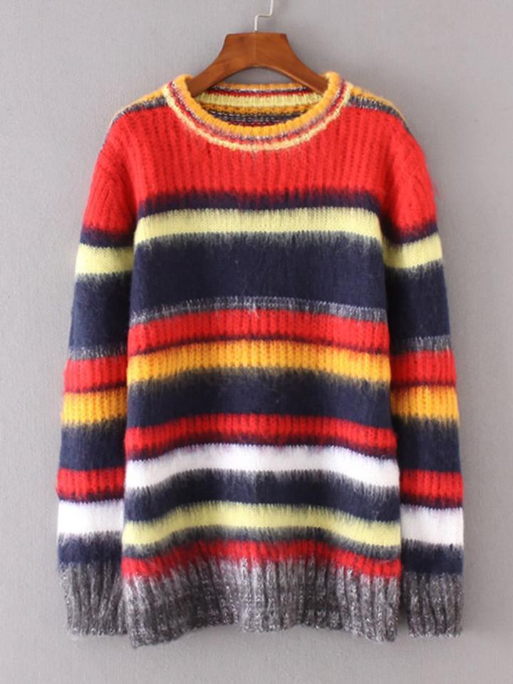 Shein Block Striped Fuzzy Sweater