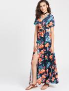 Shein Floral Print Cross Warp Top With Slit Side Skirt