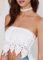 Rosewe Crochet Lace White Asymmetric Strapless Crop Top