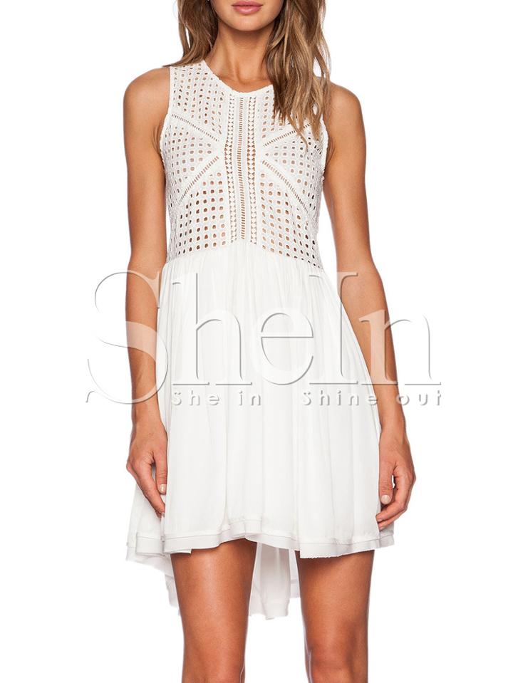 Shein Beige Eyelet Sleeveless Pleated Dress