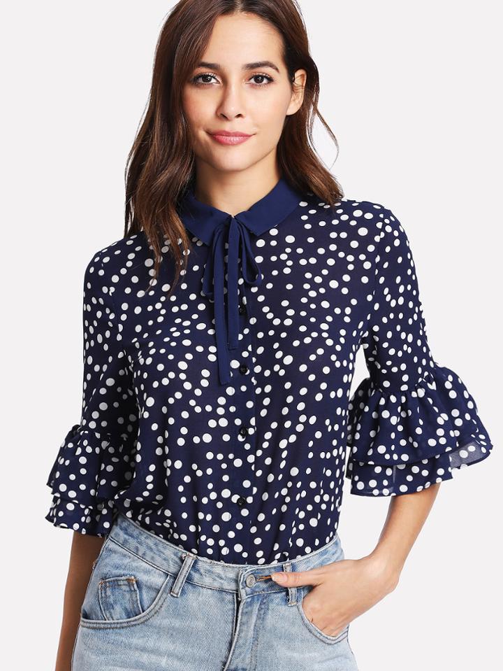 Shein Tie Neck Ruffle Sleeve Polka Dot Blouse