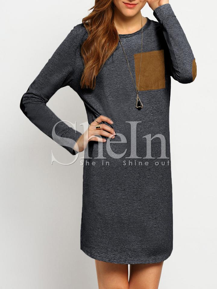 Shein Grey Elbow Patch Straight Dress With Patch Pocket