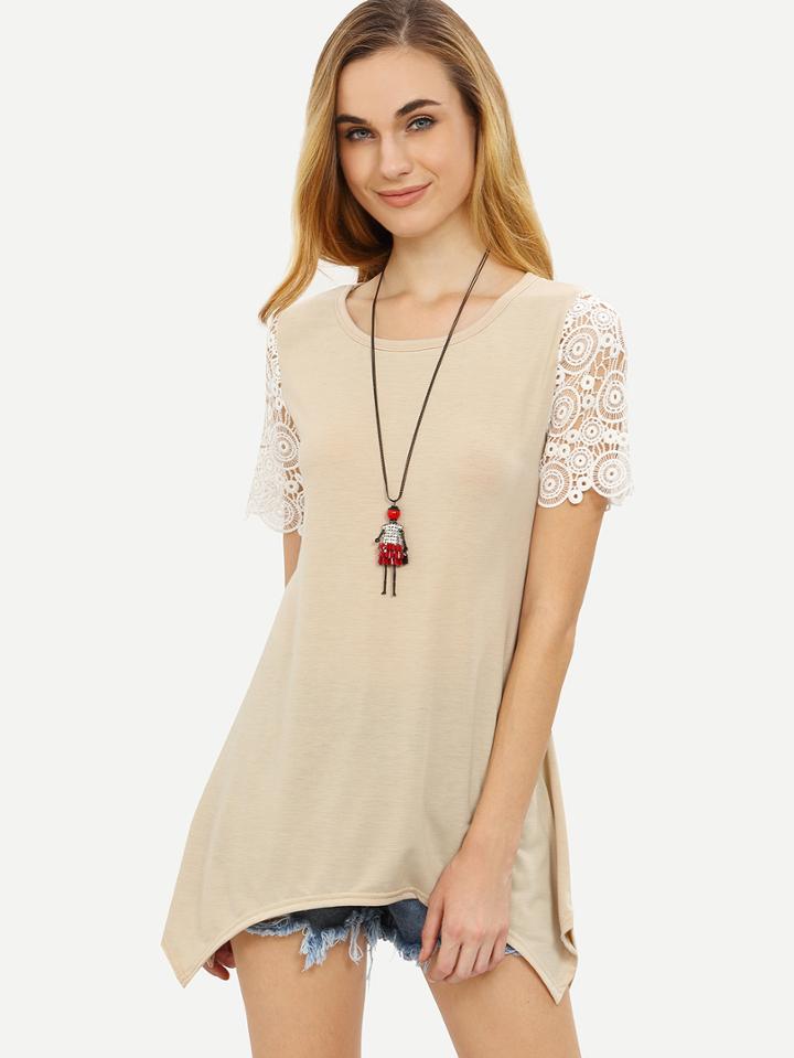 Shein Apricot Crochet Sleeve Asymmetric T-shirt