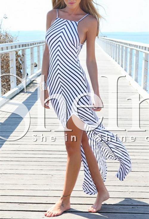 Shein White Spaghetti Strap Backless Split Striped Dress