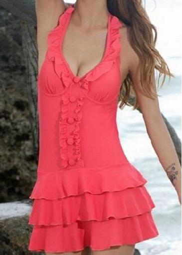Rosewe Padded Watermelon Red Ruffled Halter Swimdress