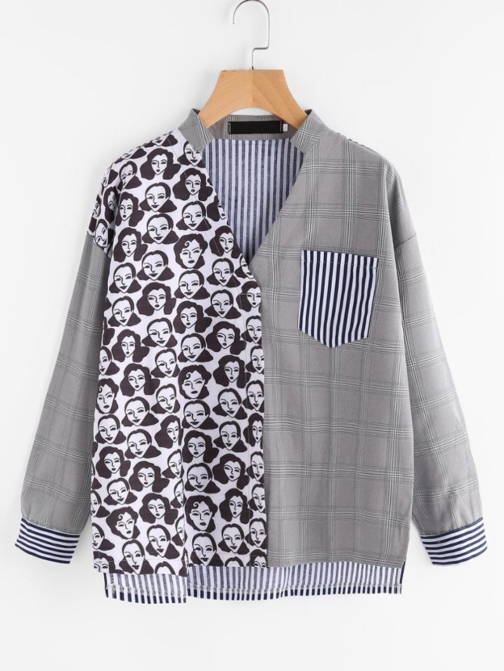 Shein V Neckline Slit Side High Low Contrast Blouse