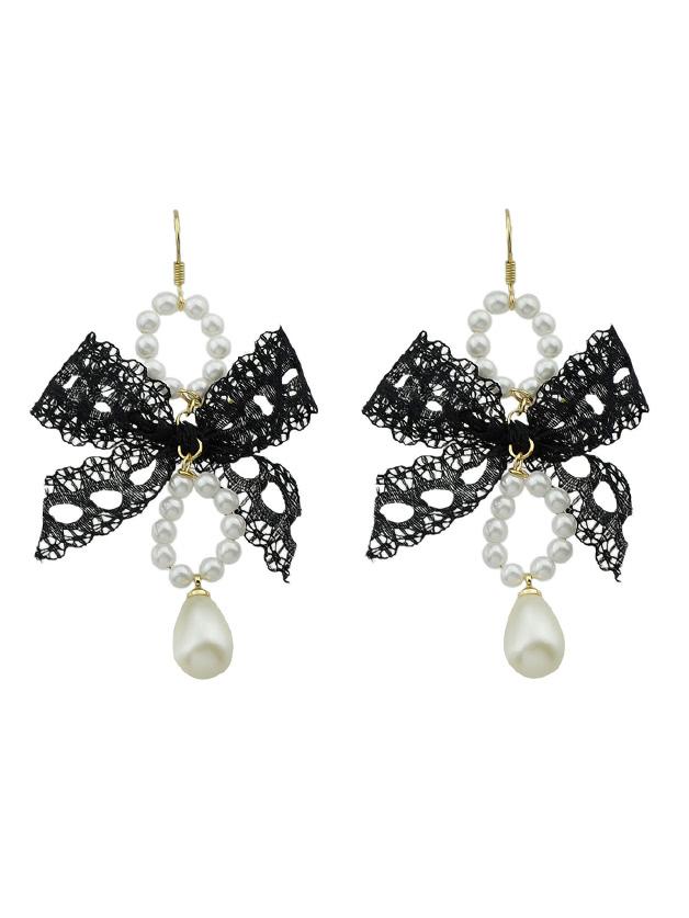 Shein Black Lace Bowknot Simulated-pearl Water Drop Long Earrings