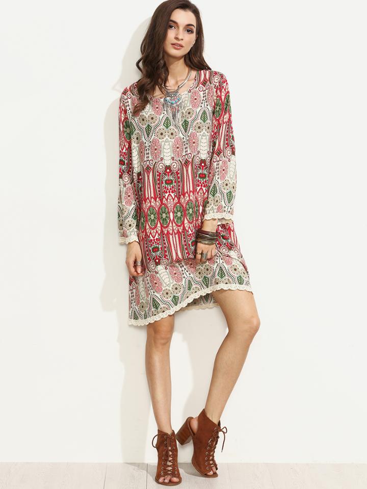 Shein Multicolor Aztec Lace Trim Shift Dress