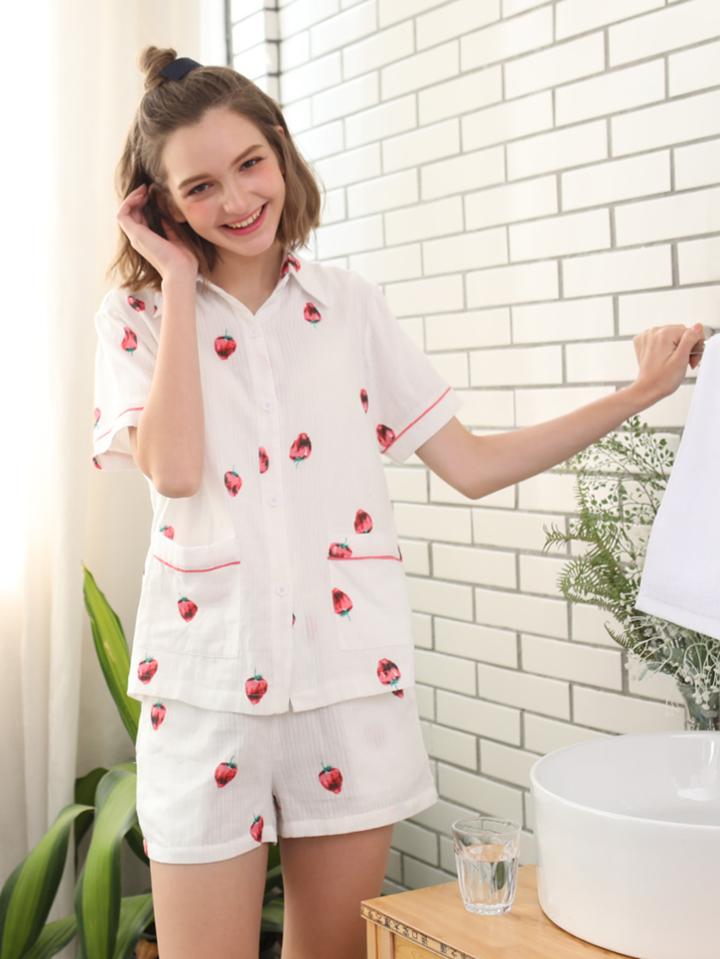 Shein Strawberry Print Shirt & Shorts Pj Set