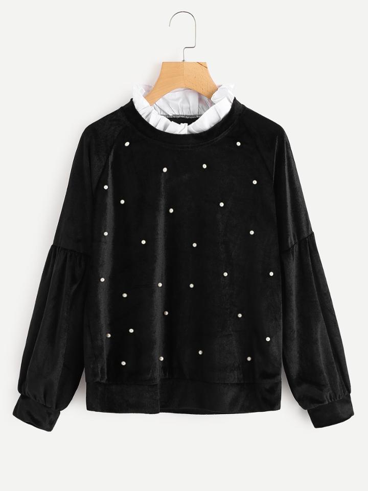 Shein Contrast Neck Pearl Beaded Velvet Sweatshirt