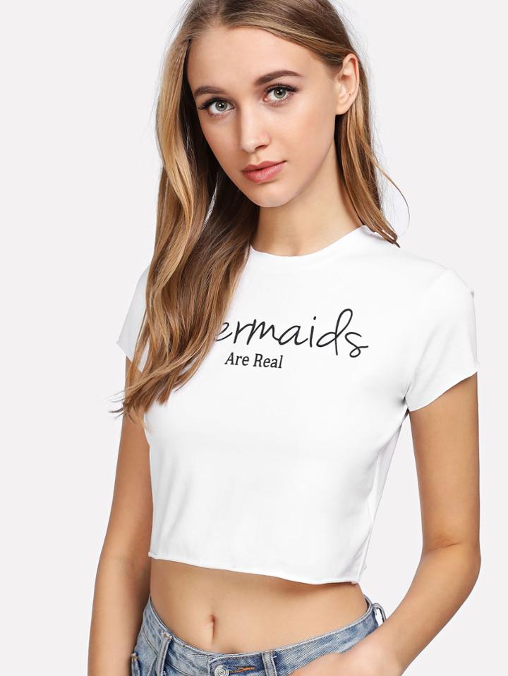 Shein Raw Edge Letter Print Crop T-shirt