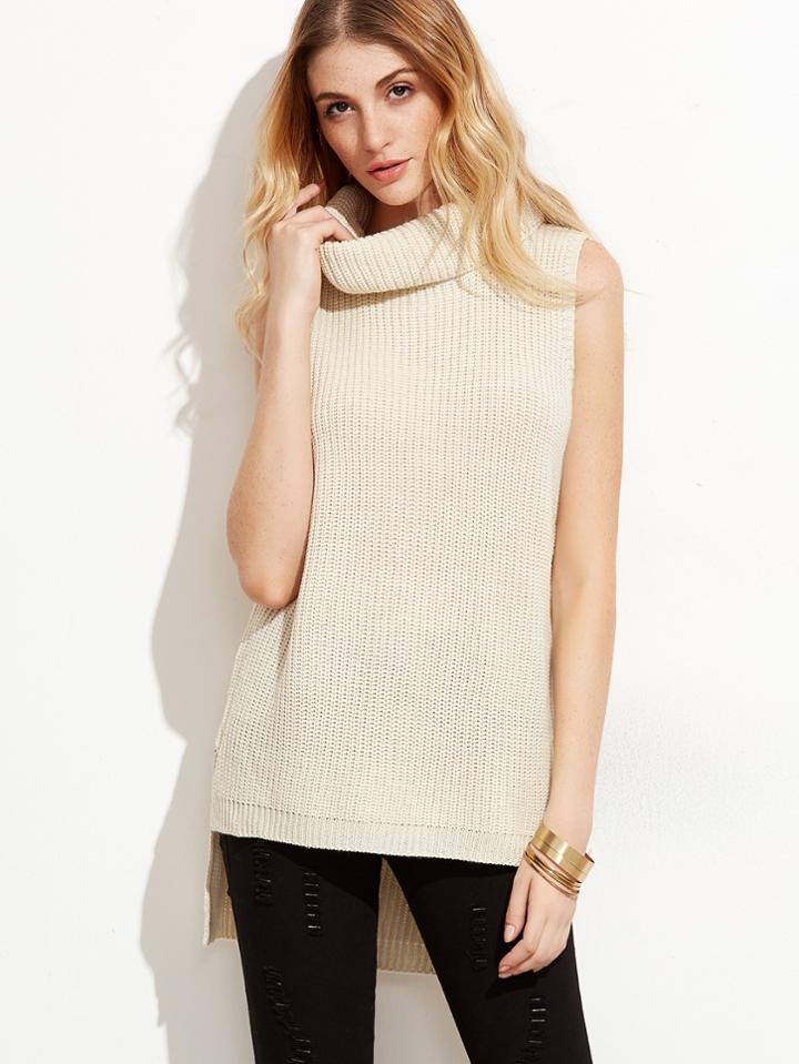 Shein Beige Turtleneck Slit Side High Low Sweater