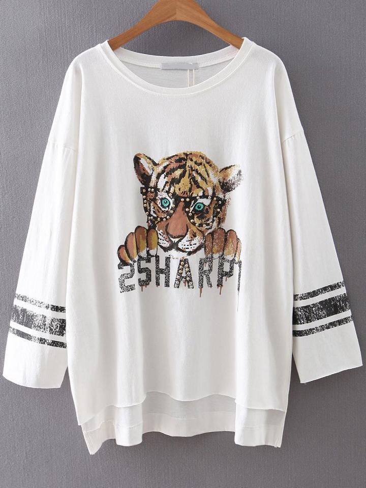 Shein White Tiger Print Beaded Dip Hem Tee