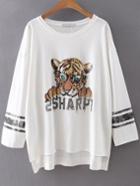 Shein White Tiger Print Beaded Dip Hem Tee